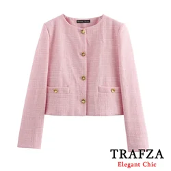 TRAFZA Vintage Pink Women Blazer Fashion 2024 Spring Autumn O-Neck Textured Solid Short Blazer Office Lady Jacket Elegent Tops