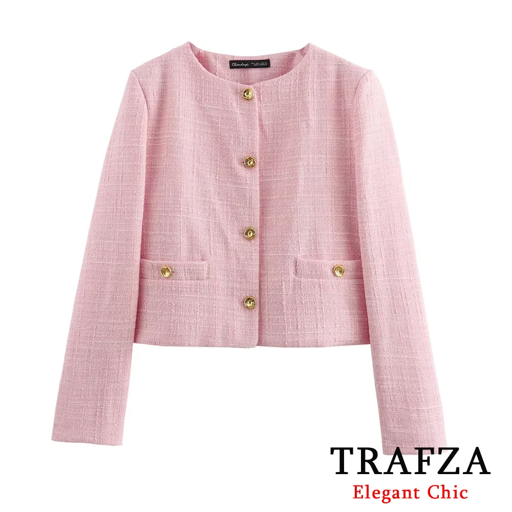 TRAFZA Vintage Pink Women Blazer Fashion 2024 Spring Autumn O-Neck Textured Solid Short Blazer Office Lady Jacket Elegent Tops