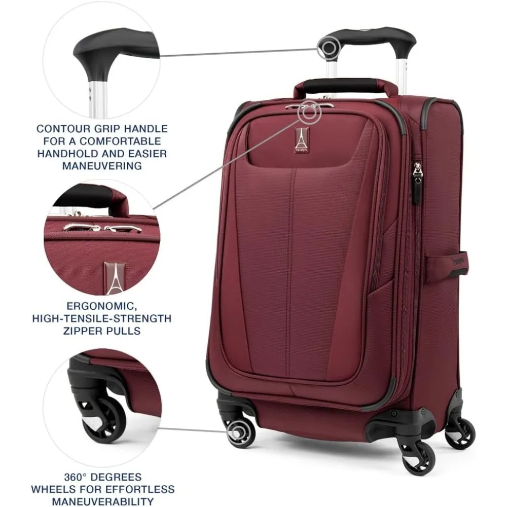 Lightweight Expandable 4-Wheel Spinner Carry-On Luggage, Softside Suitcase for Men and Women, Burgundy, Travel-Friendly