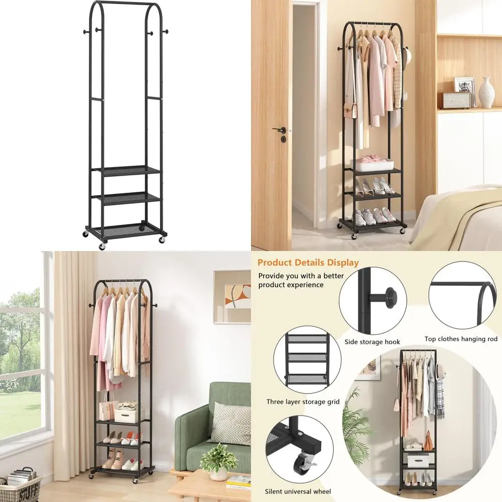 

Sturdy Rolling Garment Rack with 3 Shelves, 71.8 for Hanging Clothes, Ideal for Small Spaces, Black