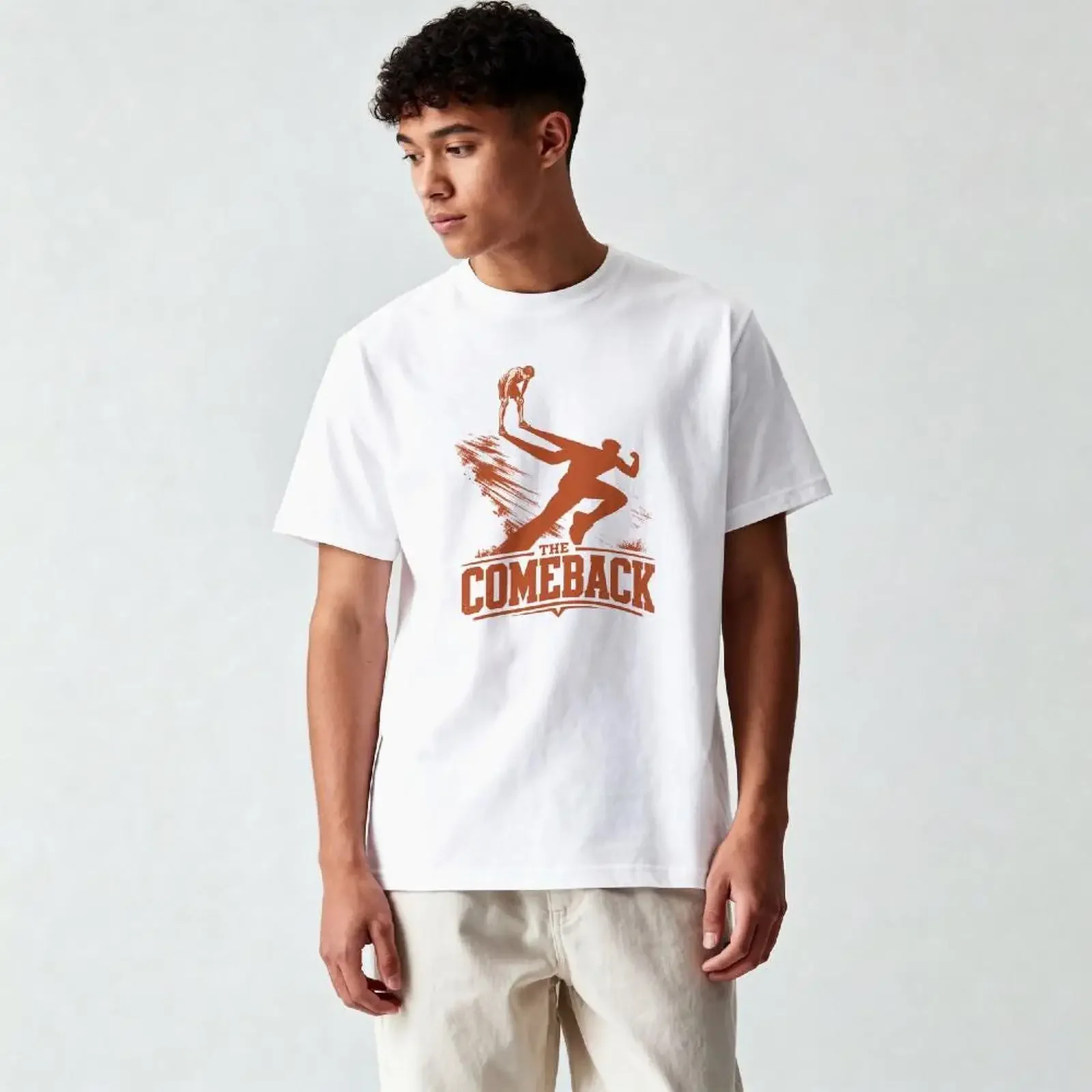 Das Comeback-Lauf-T-Shirt, ein motivierendes Laufshirt im Vintage-Look, ein lässiges Unisex-Oberteil für den Alltag, mit grafischem Design, leicht abgenutzt.