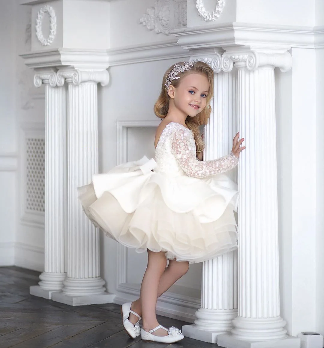 Customized Flower Girl Dresses Ivory Tulle Satin Sequin With Bow Long Sleeve For Wedding Pagant Birthday Holy Communion Gown