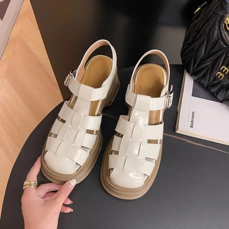 Low Heel Buckle Strap Sandals PU Casual Ladies Shoes 2024 High Quality Solid Shallow Square Heel Women\'s Sandals Sandálias