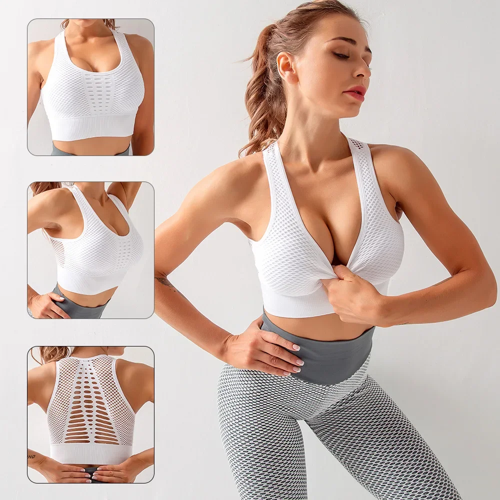 Soutien-gorge de sport en fibre évidée pour femme, haut de sport court, vêtements de fitness, tenue d'entraînement, yoga, Pilates