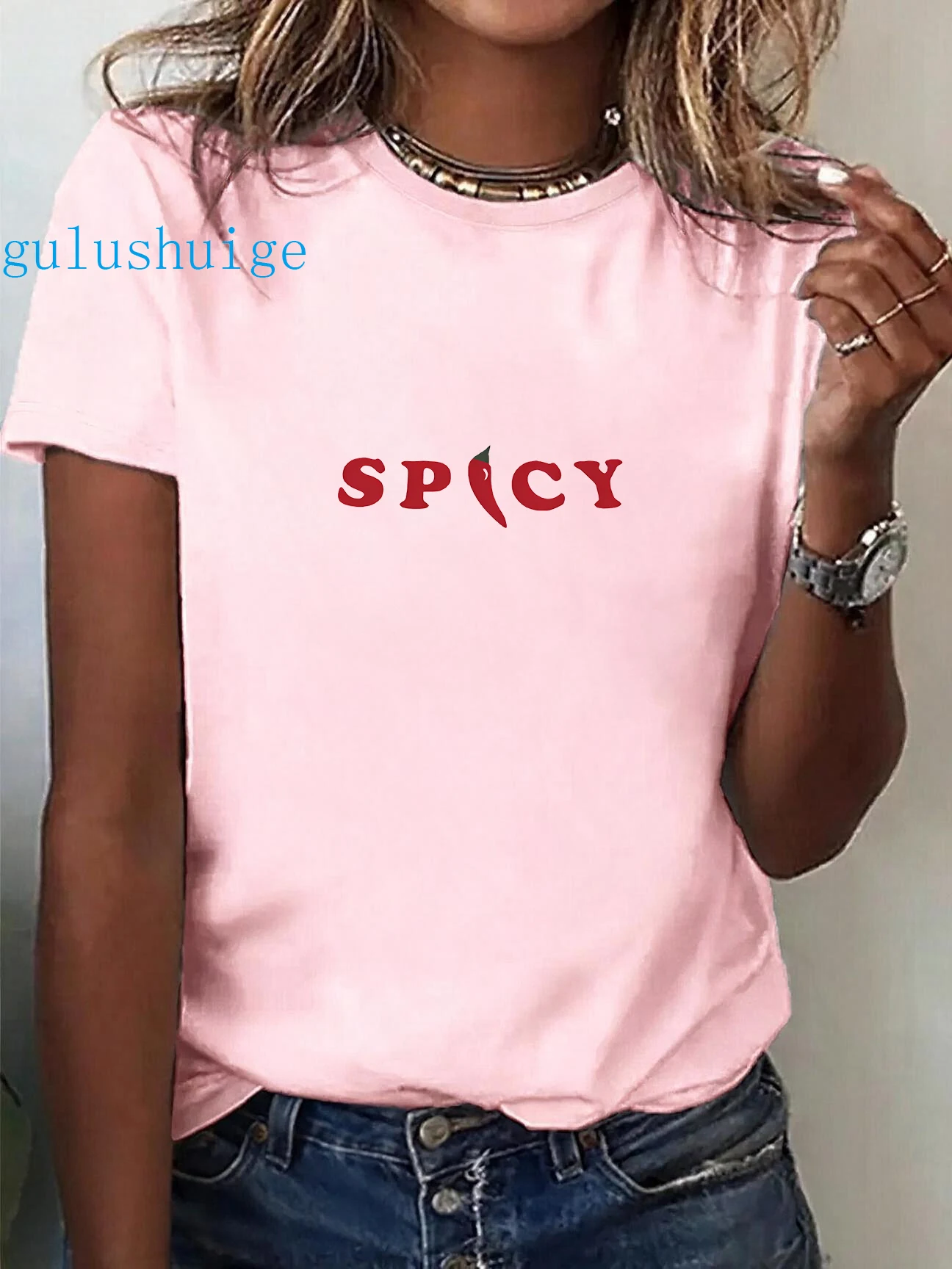 Sexy Spicy Print Crew Neck Short Sleeve T Shirt Women's Funny Korean Style Tshirt Graphic Y2k Tees Tops Clothes Female Outfit