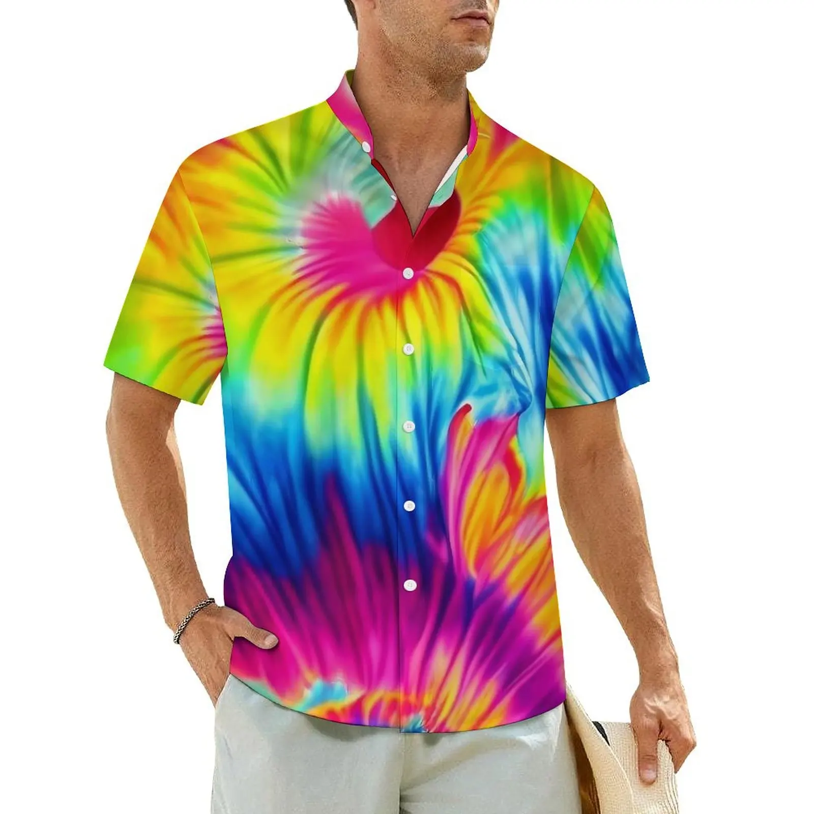 

Tie Dye with A Twist Beach Shirt Man Rainbow Print Trendy Casual Shirts Hawaii Short Sleeve Stylish Design Plus Size Blouses