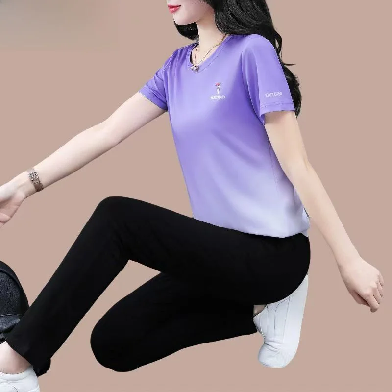 

TUCANO 2025 Летний Новый Модный Быстросохнущий Спортивный Костюм для Женщин: Повседневный Комплект для Бега из Двух Предметов с Длинными Брюками и Круглым Вырезом