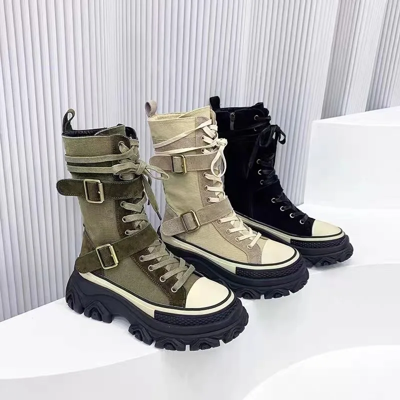 Women Green Winter Boots 2022 New Thick Bottom Women Canvas Flats Platform Chelsea Boots Non-Slip Sneaker Women Motorcycle Boots