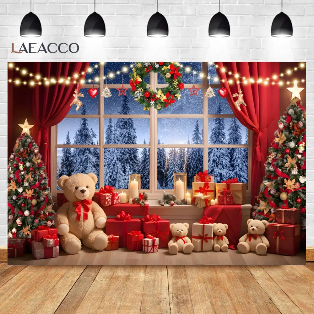 Merry Christmas Photography Background Window Red Curtain Fireplace Xmas Tree Gift Teddy Bear Wood Floor Baby Portrait Backdrop