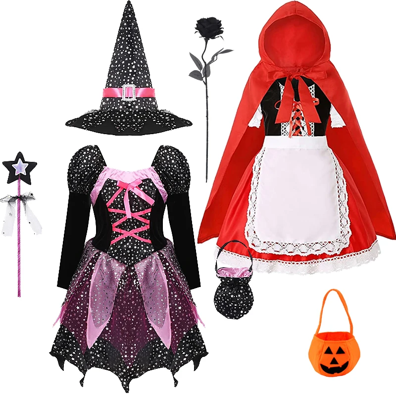 Girls Cosplay Witch Costume Little Red Riding Hood Vampire Halloween Dress Children's Fancy Show Costumes Carnival Party Clothes
