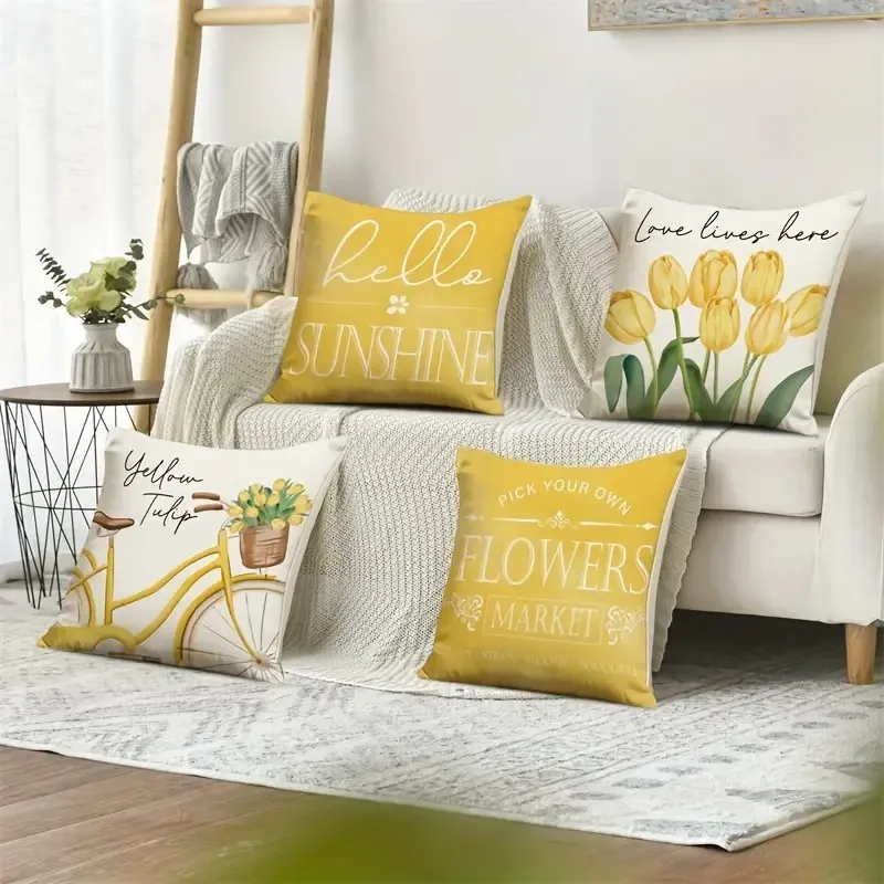 Vibrant Hello Sunshine Tulip Spring Pillow Covers 45*45cm Yellow Bike Flowers Decorative Throw Pillow Case For Sofa Couch Decor