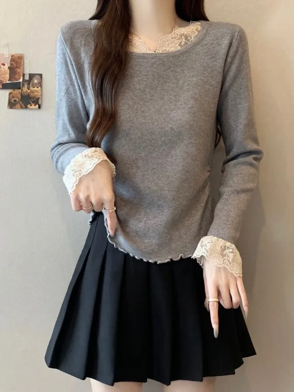 

plus Size Lace Trim Long Sve Knitted Top Women's Slimming Tummy Covering Base irt Wooden Ruffle Design French Sle