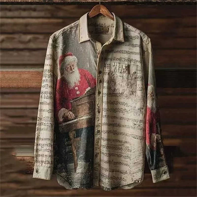 Nieuw herenoverhemd met kerstboomprint, casual en stijlvolle button-down kraag, lange mouwen, 3D-print, comfortabele top.