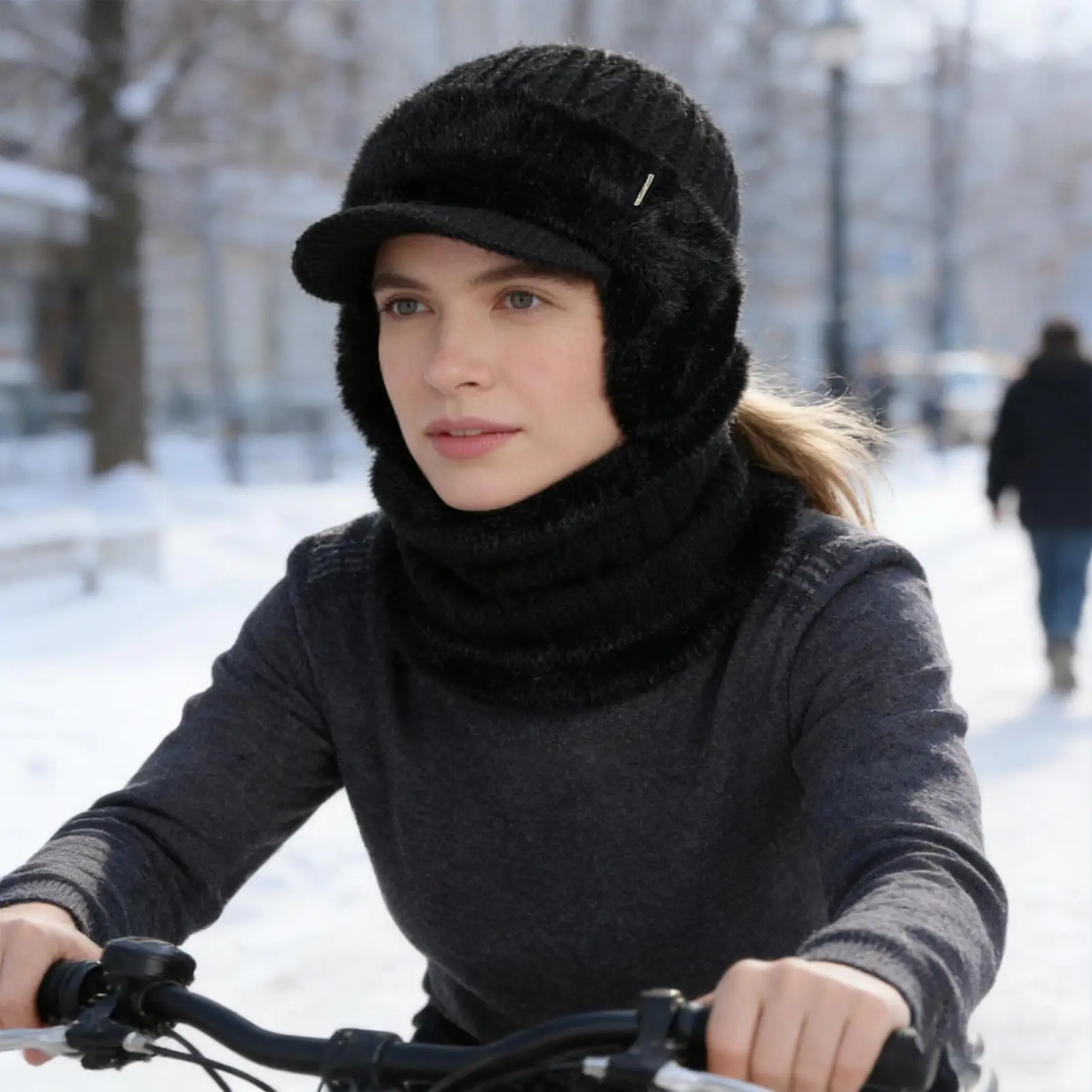 Gebreide muts Rekbare thermische wintermuts met rand Oorklep Sjaal Ademende gebreide muts Voor dagelijks woon-werkverkeer Skiën Binnen Buiten