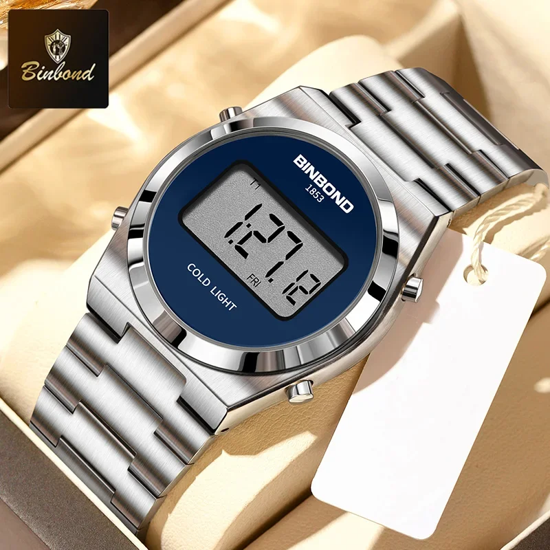 

BINBOND новые цифровые спортивные часы для мужчин, роскошные электронные водонепроницаемые мужские наручные часы из нержавеющей стали, модные светодиодные светящиеся часы