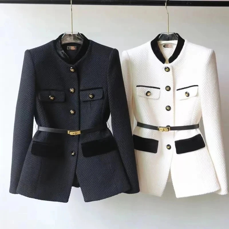 2025 Autumn Winter New Small fragrant style Woolen Jacket Fashion Slim Temperament Splicing Waist Coat Lady Casual Outwear tops