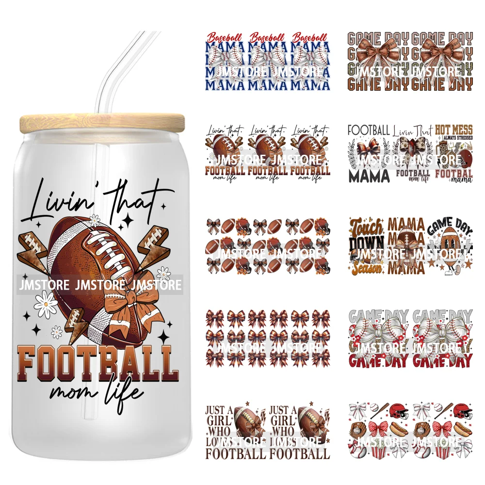 

Retro Football Mama Baseball Coquette Bow Game Day 16OZ UV DTF Cup Wrap Transfer Stickers Waterproof Logo For Libbey Glass Can