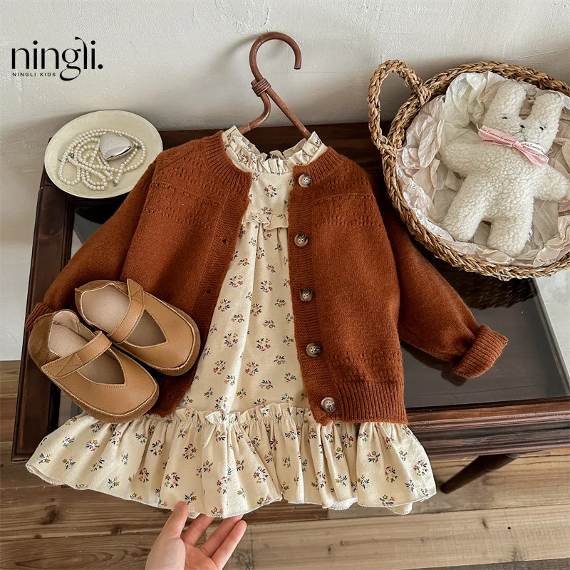 2024 Autumn Children Girls 2PCS Clothes Floral Printed Ruffle Hem Long Sleeve Dress Solid Knitted Sweater Suit Kids Girl Outfit