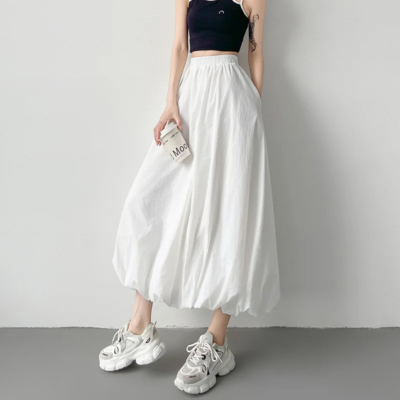 American-style Casual Sporty Loose Yamamoto Floral Bud Skirt Women's Street Gray Elastic Waist Puff Skirt Mid-length Skirt
