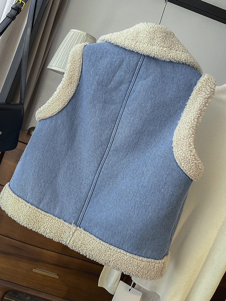 Garaouy 2024 Winter Women Vintage Denim Lamb Down Patchwork Vest Coats Female Thick Warm Pocket Tanks Jacket Waistcoat Outwear