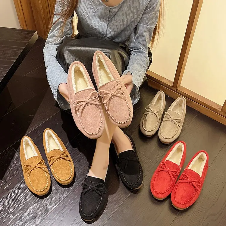 2023 Winter Shearling Wool Shoes Woman Lambs Fur Flats Genuine Leather Mocasines Mujer Bowtie Loafers Warm Plush Boots Femmes