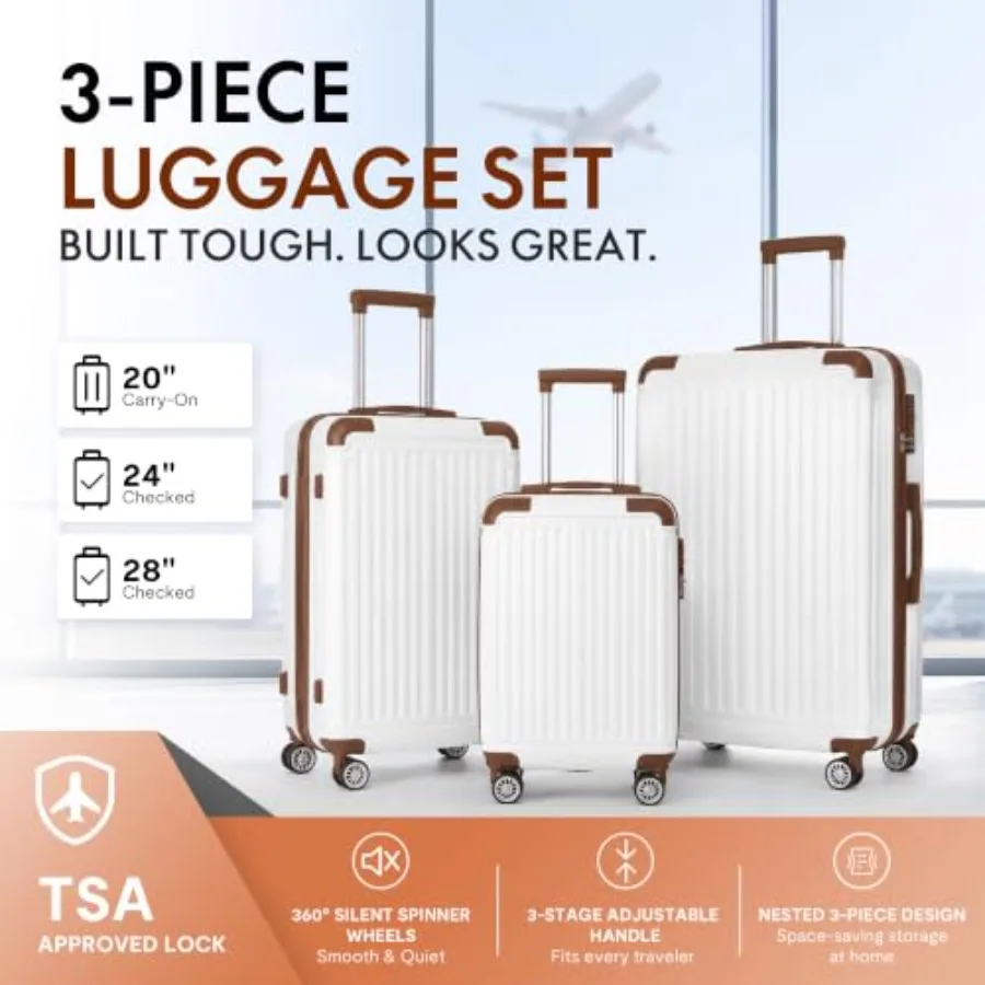 3-Piece ABS Hardshell Luggage Set, Lightweight Durable Suitcases with 4 Silent Spinner Wheels, TSA Lock and Scratch-Resistant S