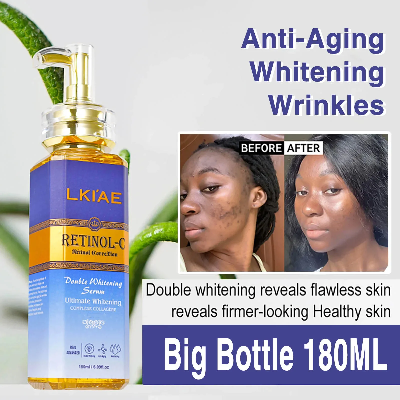 LKIAE Retinol Whitening Serum, Anti Dark Spots, with Collagen, Snail Extract, Improve Dull Uneven Skin Tone Essence, 180ml