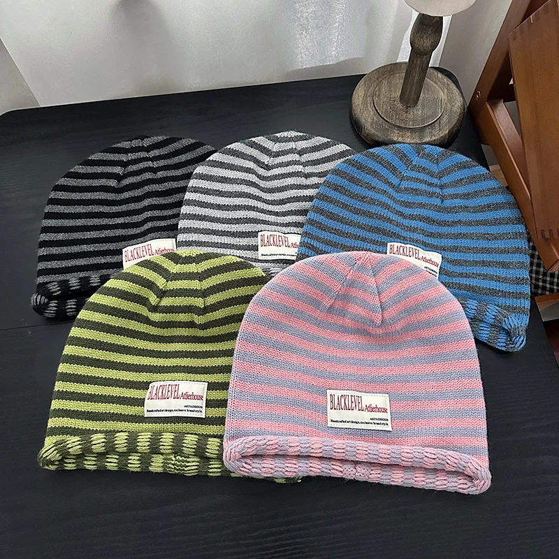 Japanese Striped Loose-fitting Rolled-brim Cold Hat Unisex Autumn and Winter Warm Ear-covering Knitted Pullover Beanie Cap