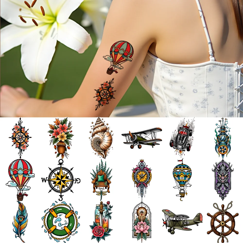 

28pcs Temporary Tattoo Feather Temporary Tattoo Stickers Nautical Wheel Motorcycle New School Traditional Skeleton For