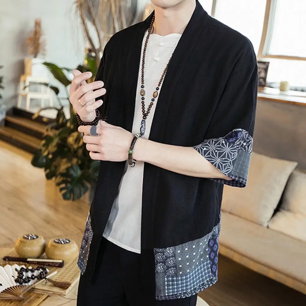 Loose Top Chinese Style Men's Loose Cardigan Top with Color Matching Printed Cuffs Mid Length Half Sleeves Hanfu Costume Chinese