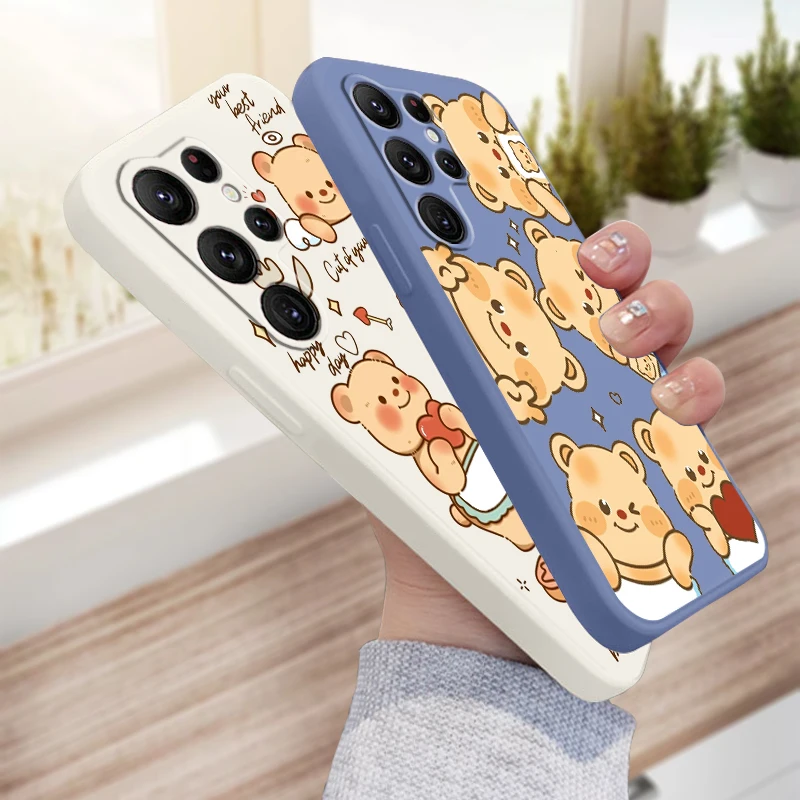 

Butter Bear Cartoon Fashion Liquid Left Rope For Samsung Galaxy S24 S23 S22 S21 S20 FE S10 Ultra Plus Lite 5G Cover Back