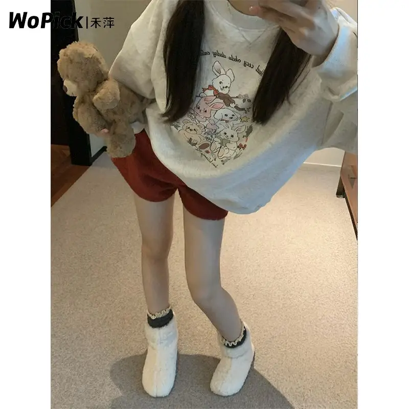 American Thick Velvet Winter Sweatshirt Women Girls Lovely Cute Rabbit Anime Hoodie O-neck Oversized Gray Y2K Top Kawaii Clothes