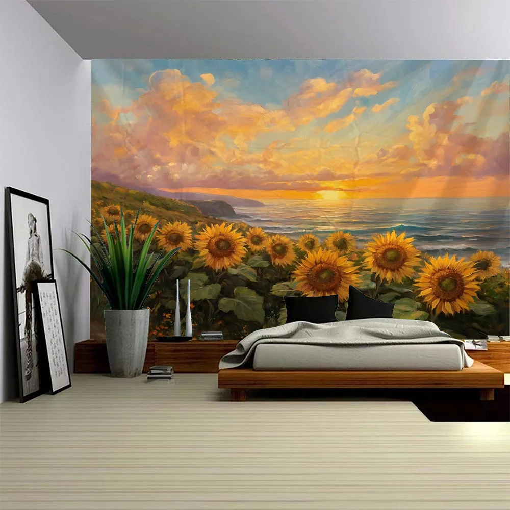 

Sunflower Landscape Oil Painting Printed Tapestry Bohemian Home Background Poster Hanging on Wall for Interior Art Decoration