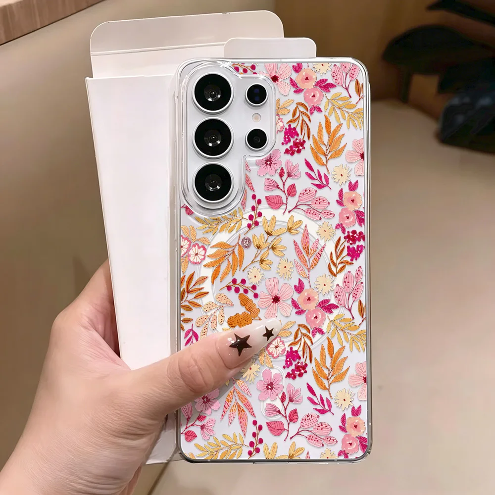 Blue Flower Magnetic Phone Case For Samsung A57 A37 S26 Ultra S25 S24 FE S23 A56 A55 A36 Transparent Cover Silicone Soft Bumper