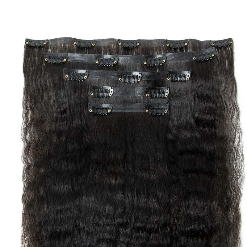 PU Clip In Hair Extensions 5PCS Seamless Kinky Straight Yaki Straight Natural Human Hair Clip On 12