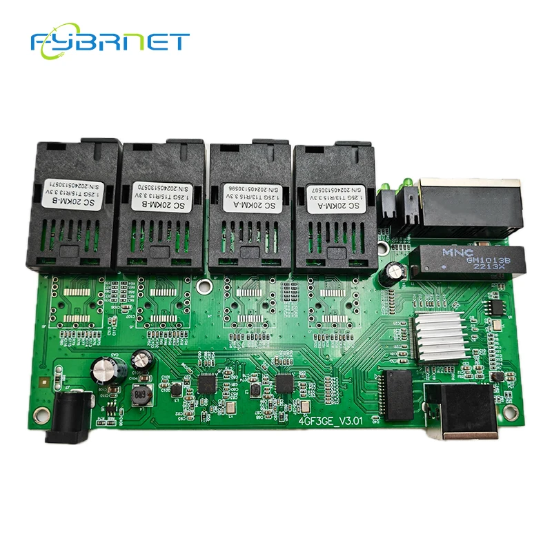 100/1000M Gigabit Ethernet Switch 20KM 4 x 1.25G Fiber Port SC 3 1000MBPS RJ45 Optic Fiber PCBA Board 4F3E PCBA Board