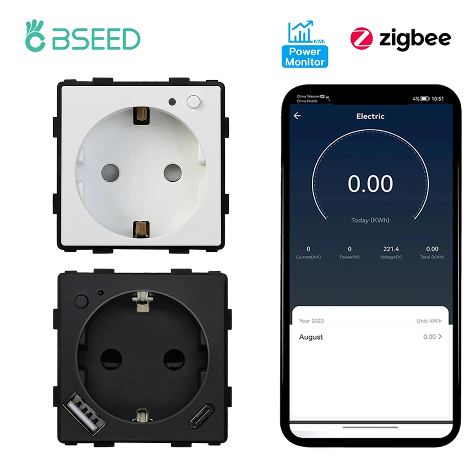 BSEED ZigBee Wall Socket Function Part Power Smart Power Monitor Meter Sockets Key Google Smart Life App Alexa Socket EU Standa