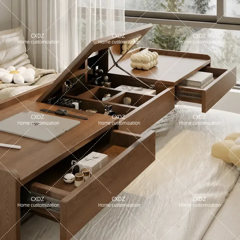 Modern Solid Wood Makeup Table with Mirror Adjustable Height Dresser Integrated Desk Multifunctional Vanity for Small