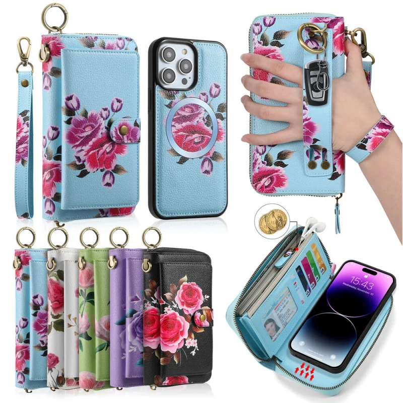 

Чехол-кошелек с цветочной молнией для телефона Magsafe для iPhone 14 Plus 13 Mini 12 11 X XS XR 8 7 Plus 6 6S со съемным ремешком на руку