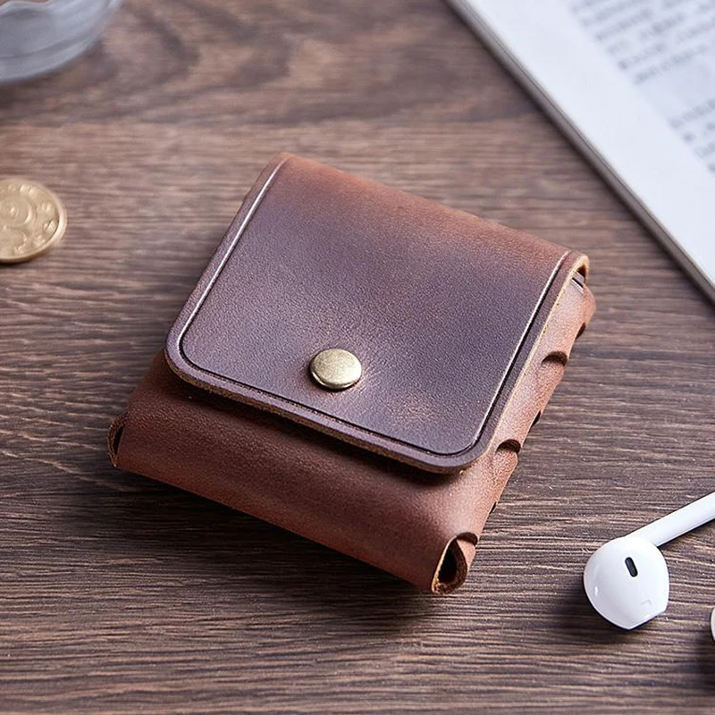 100% Genuine Leather Coin Purse For Men Women Female Cowhide Vintage Small Mini Money Bag Earphone Line Case Change Pouch Holder