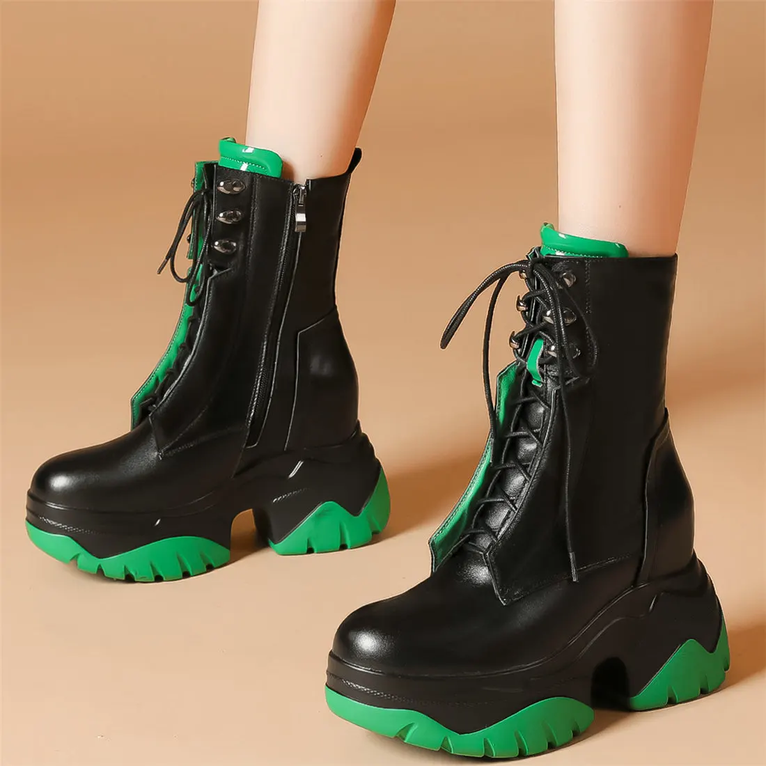 

Fashion Sneakers Women Lace Up Genuine Leather Wedges High Heel Ankle Boots Female Winter Round Toe Platform Pumps Casual Shoes