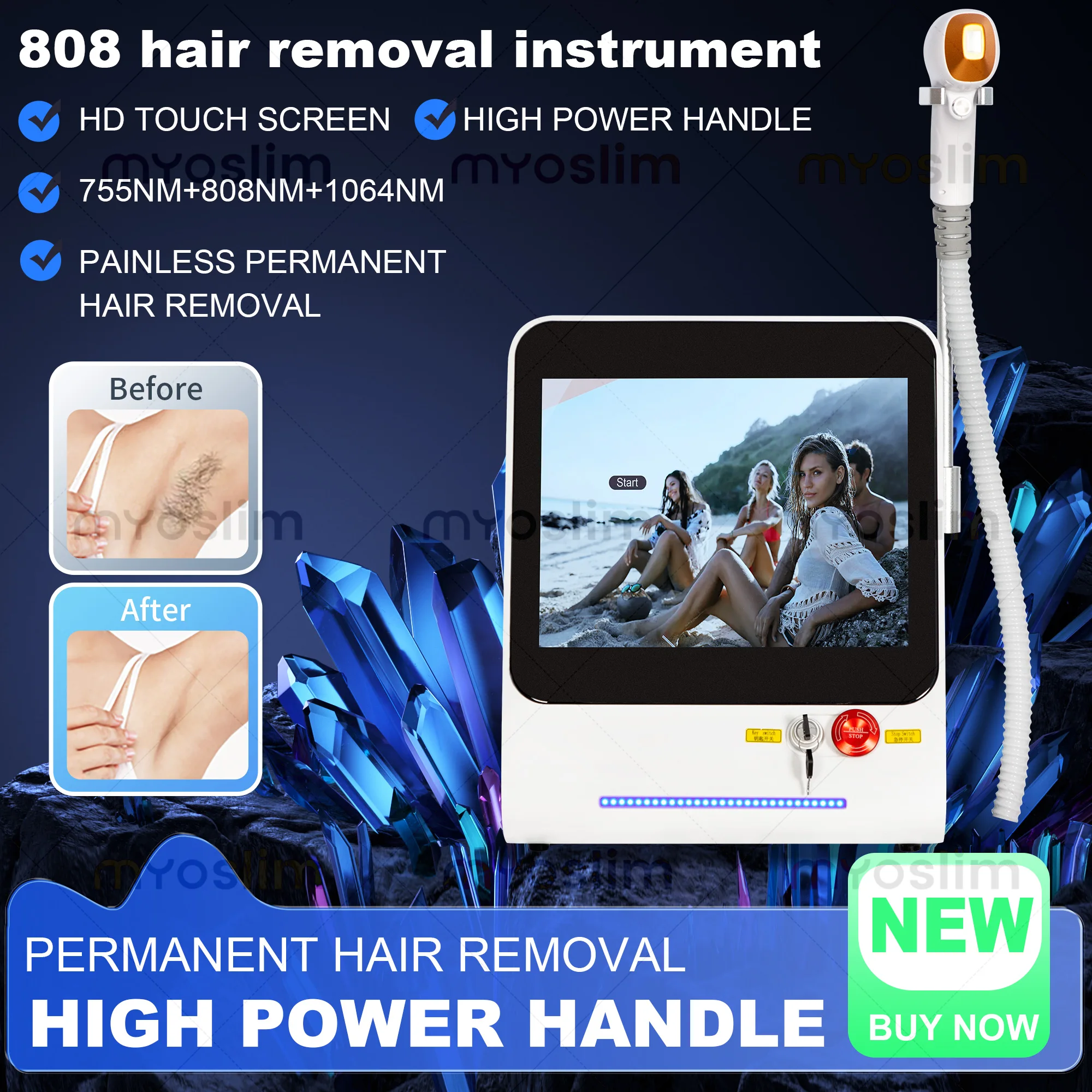 808 755 1064nmCustomized Commercial 808nm Diode Hair Removal Device Painless Ice Titanium Hair