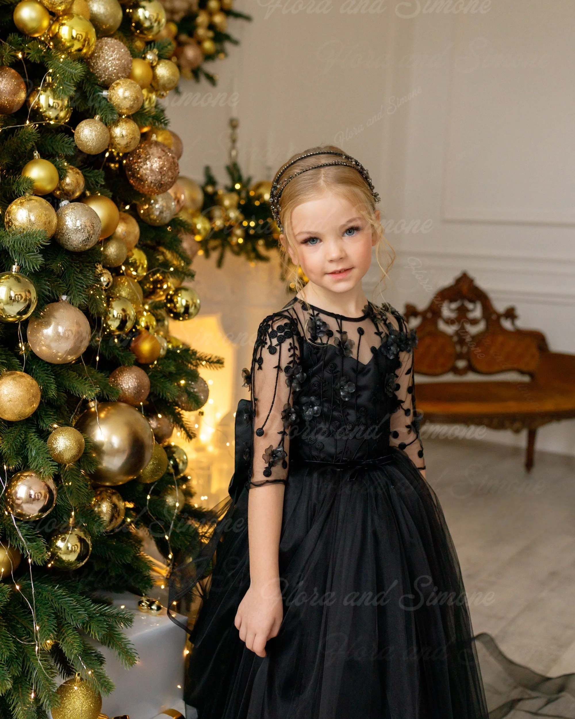 customized Fluffy Long sleeves Bow Shiny Elegant Princess Dress Flower Girl Dress for Wedding Ceremony birthday gift Christmas