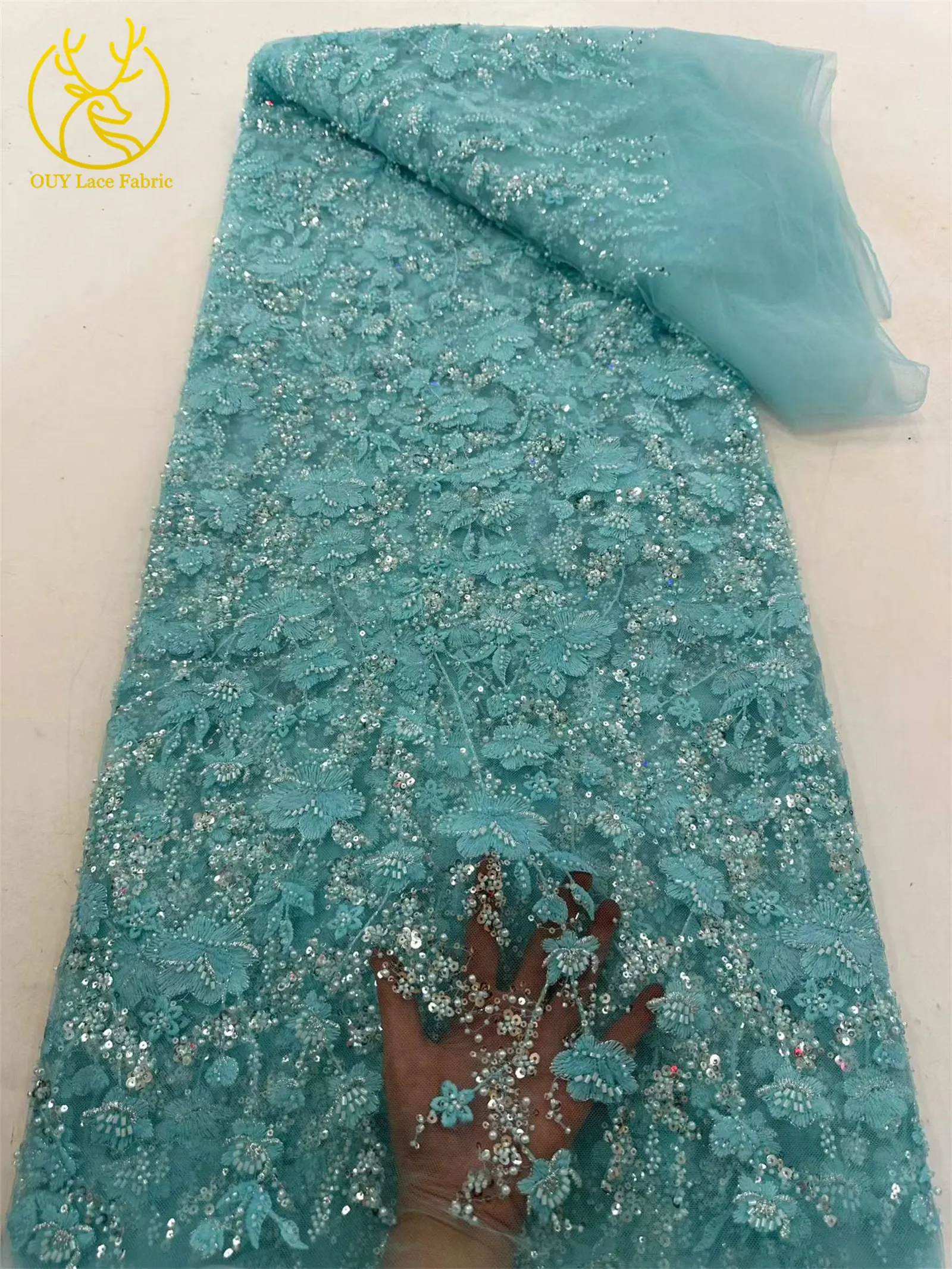 Weißer nigerianischer 3D-Blumen-Stickerei-Mesh-Spitzenstoff, 5 Yards, afrikanischer Spitzenstoff mit Perlen und Pailletten für Hochzeitskleider und Partykleider zum Nähen – Detail 10