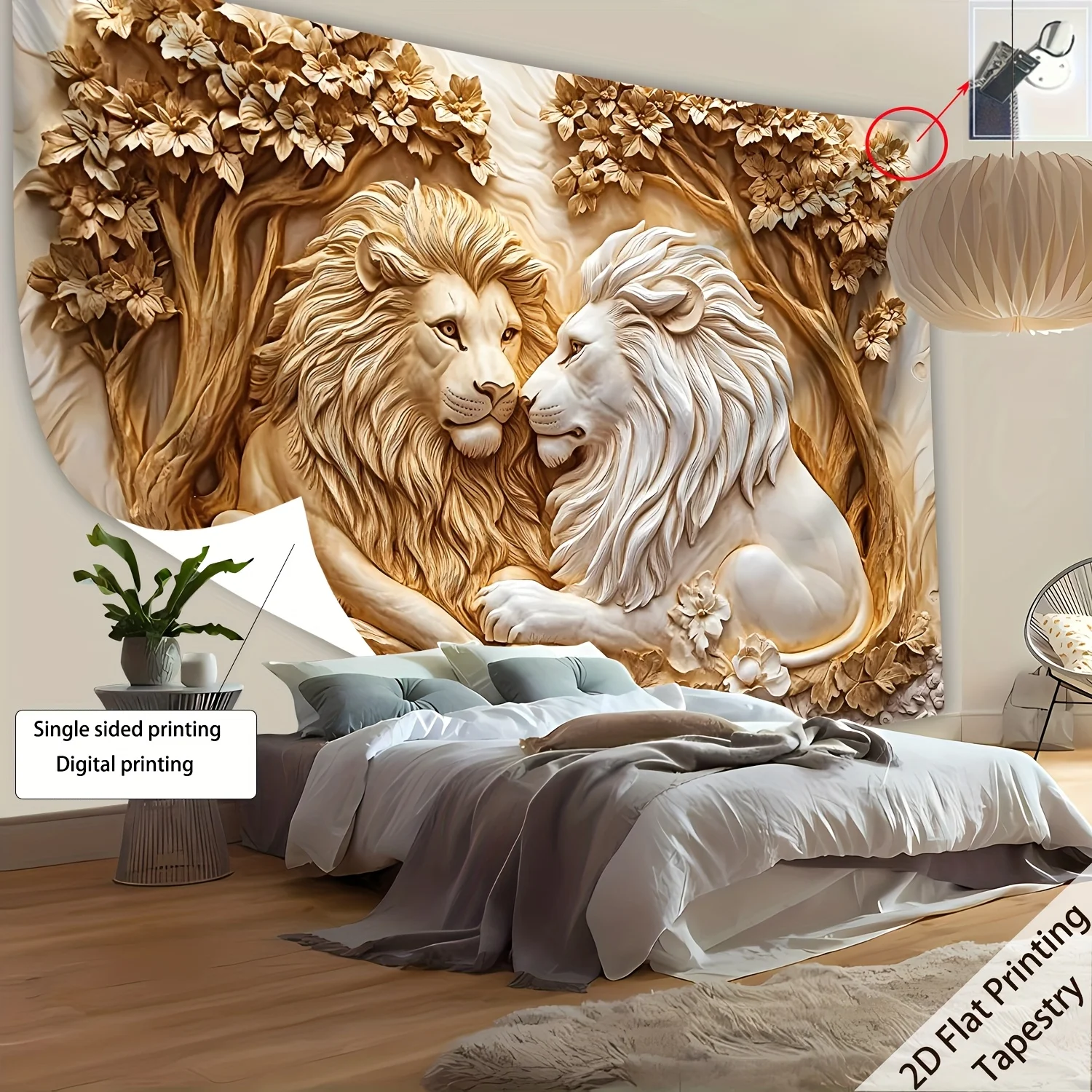 Lion Lovers Tree Tapestry, Romantic Relief Design with HD Print, Large Polyester Wall Art for Couples Bedroom  Living Room Decor