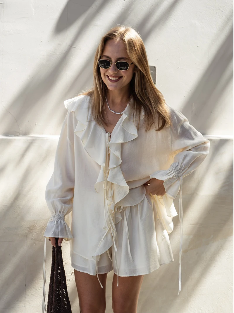 Women Summer Loose Two Pieces Set Solid Color Lotus Leaf Edge Shirt Top Lace Up Casual Short Suit Lady Holiday Outfit New Suits