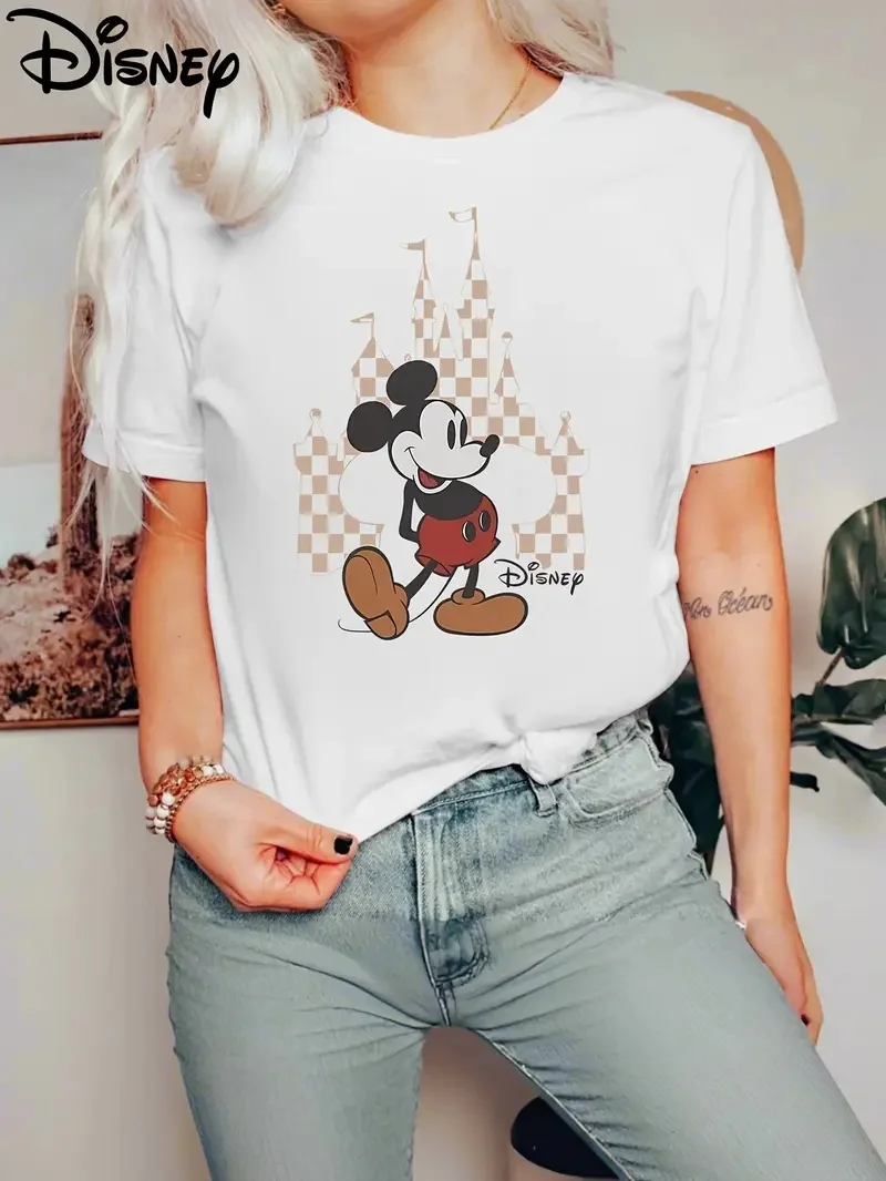 

2025 Disney Pattern Printed Women's Casual Comfortable Unique Smiling Face Black Round Neck Short Sleeve T-shirt