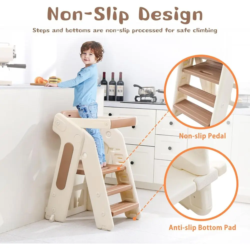 Adjustable Height Toddler Step Stool with Safety Rail and Removable Tray, Multifunctional Folding Kitchen & Bathroom Helper (Kha