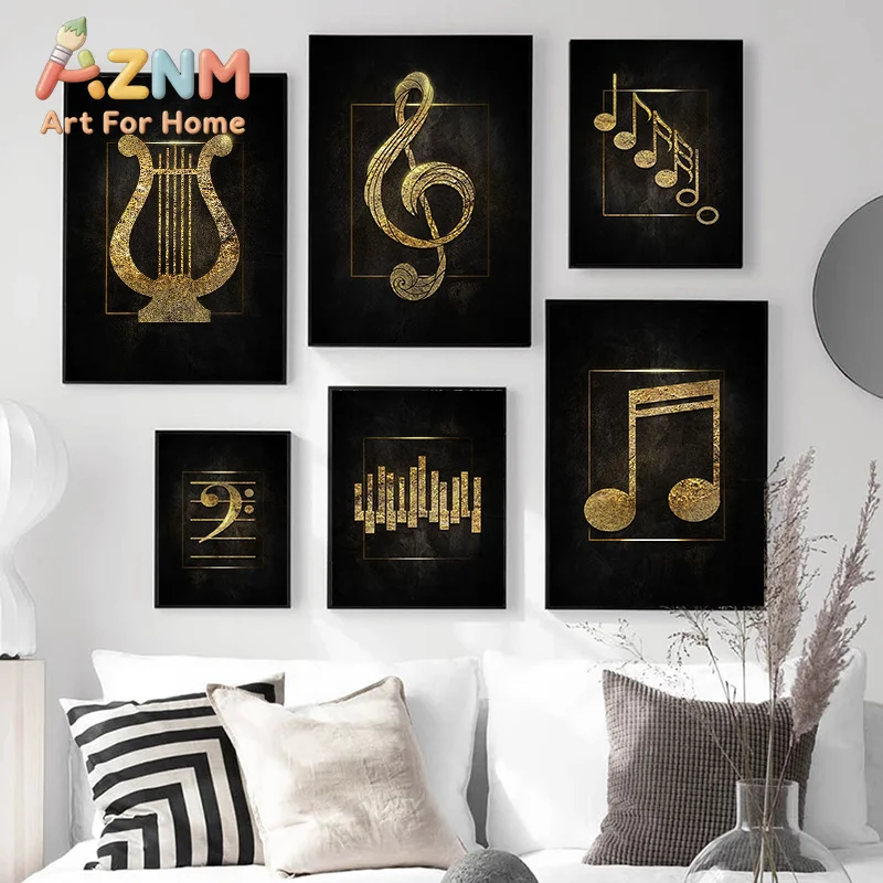 Black Golden Music Symbolic Canvas Painting Music Poster and Printing Nordic Wall Art Picture Living Room Home Decoration Mural