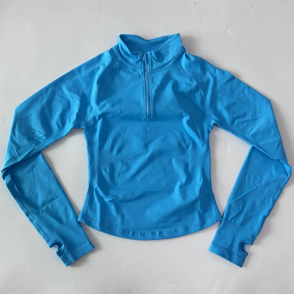 Yoga-Jacke ohne Logo mit halbem Reißverschluss, Damen-Langarm-Sportoberteil, nahtloser Lauf- und Workout-Mantel, Fitnesskleidung, Activewear – Detail 4